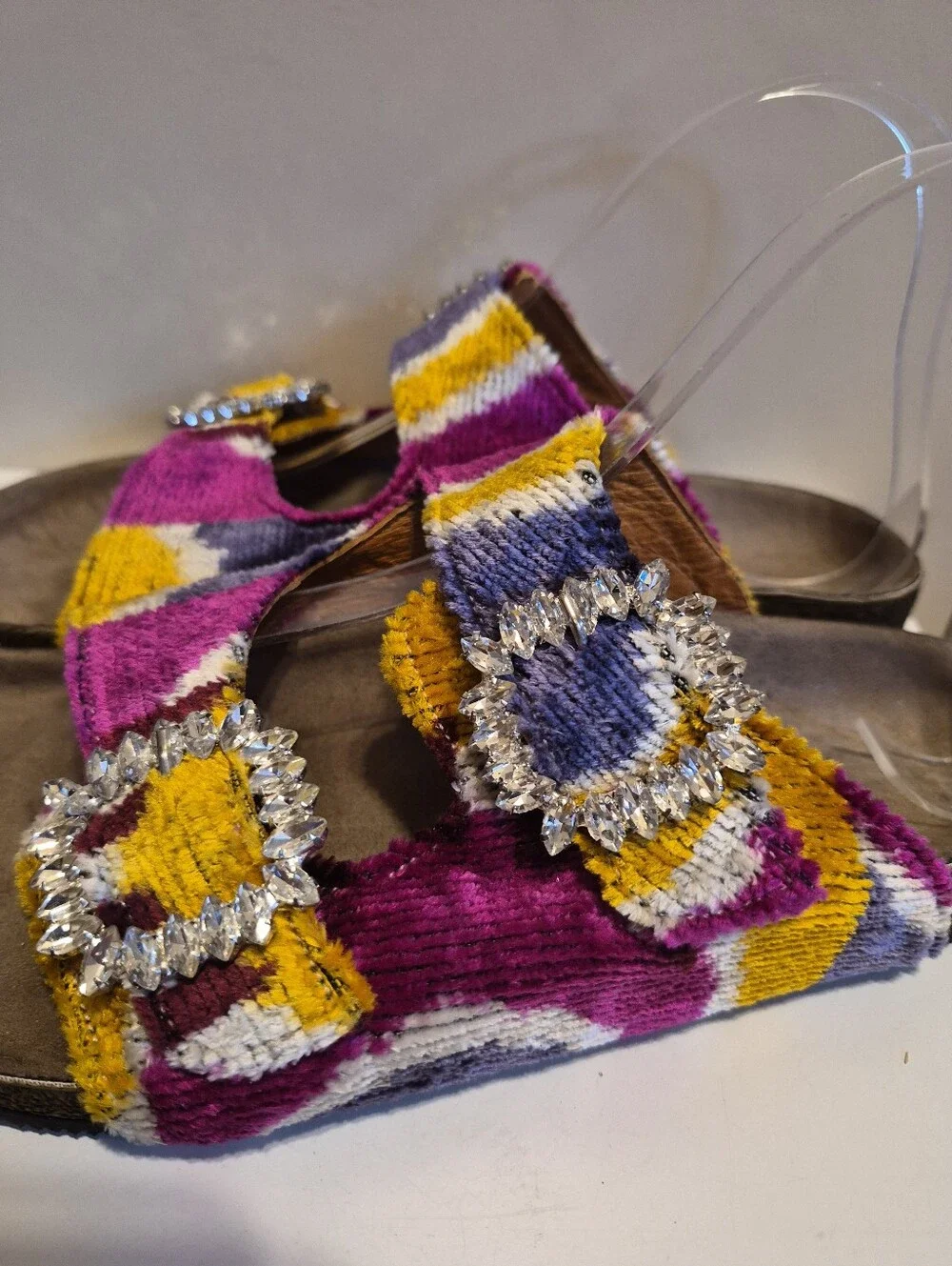 Baldiz Silk Velvet Ikat Double Rhinestone Buckle Slide SandalsSz.7/ EU 37 $245